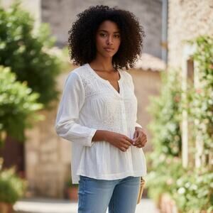 Sundance Blouse Off White Cotton Lacy Boho Peasant Oversize Blouse Top XS